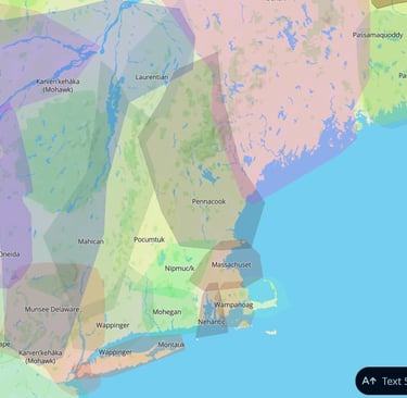 A map of the area of new england which does not show state lines, it shows native populations