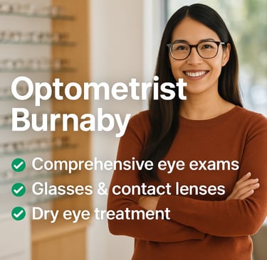 A friendly optometrist assists a patient during an eye exam in a modern clinic.