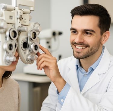 An optometrist examines a patient’s eyes in a bright, modern Burnaby clinic.
