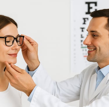 An optometrist adjusting glasses for a smiling patient in a modern Burnaby eye clinic—precision fit,