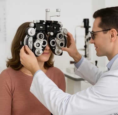 A smiling optometrist adjusts eyeglasses for a patient in a bright Burnaby clinic.