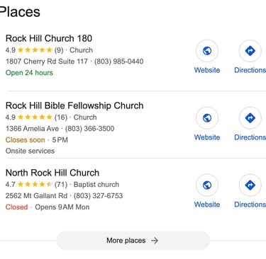 phone screen showing local 3 pack of churches