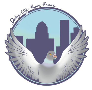 round logo featuring a pigeon with a city skyline behind it