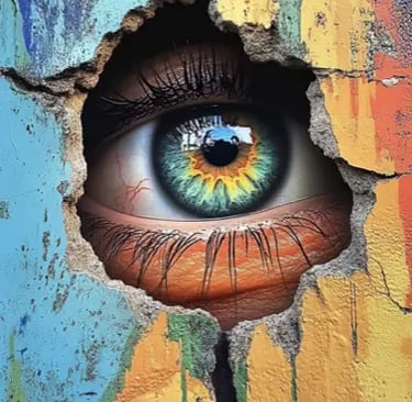 eye peeping through colourful wall