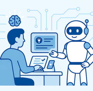 AI Robot speaking to human at computer