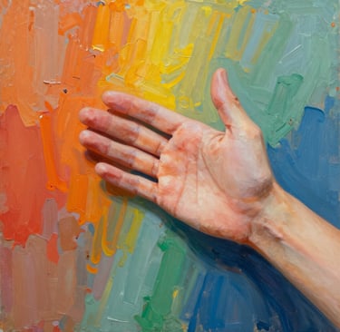 human hand on colourful background in oil painting style