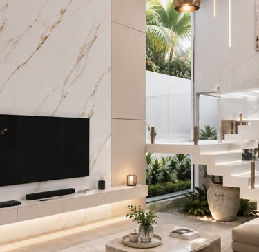 Modern luxury living room featuring a marble TV wall, white floating staircase, and open concept interior design.