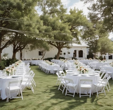 An outdoor event space is decorated with draped white fabric, tables, and chairs under a canopy. Green lighting illuminates the surrounding greenery, creating a vibrant atmosphere. Several people are visible in the background, suggesting a social gathering.