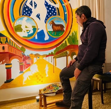 artist Yous contemplating his painting “Aquarius"
