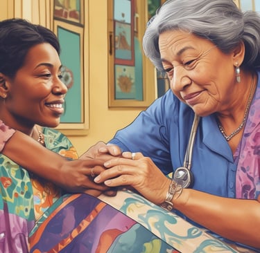 a woman in a blue shirt and a nurse in a hospital