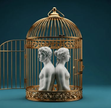 jaula de pájaros dorada y ornamentada con la puerta abierta de par en par. Dentro hay dos estatuas