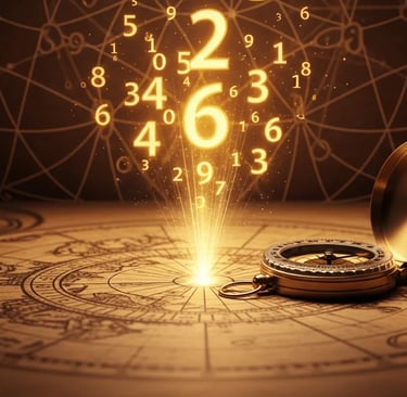 Números dorados flotando sobre un mapa antiguo y una brújula, representando el cálculo del Número