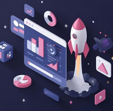 3D browser-style illustration with analytics charts and a stylized rocket icon.