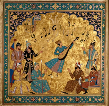 Persian miniature-style illustration of court musicians playing tar and santur beside a dancing figu
