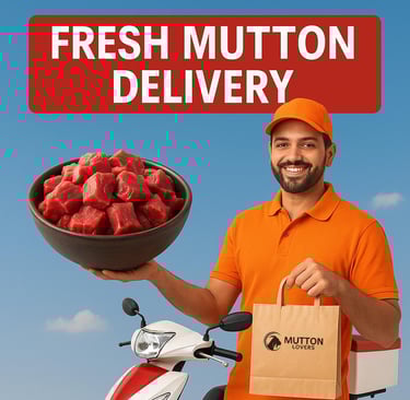 Delivery person holding Mutton Lovers App bag – fresh goat mutton delivery in Hyderabad.