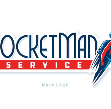 A decorative images showing the logo and word mark for RocketMan Service.
