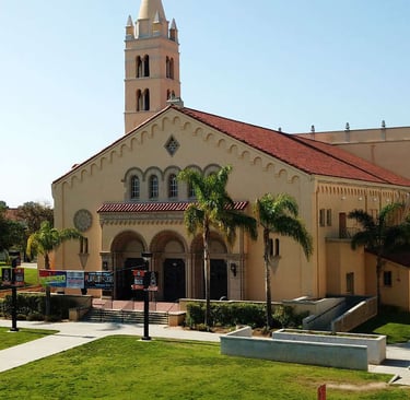 Exterior view of Huntington Beach High School featuring its historic architecture
