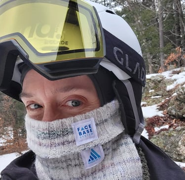 Photo of FACE BASE founder Amy wearing FACE BASE prototype