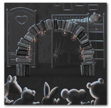 Night illustration by Ildiko Hankoszky showing room asleep in moonlight