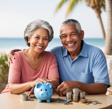 Retired Couple with Piggy Bank and Coins