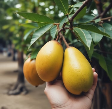 A hand holding a perfectly ripe mango against a sunny backdrop.