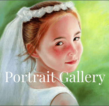 Pastel portrait of a young girl in a white dress and headband, posed against a soft green backgro