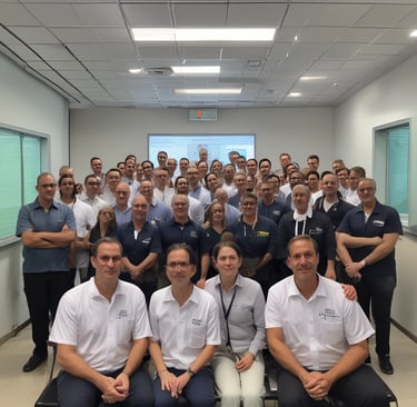 A team of professionals discussing maintenance strategies in an office.