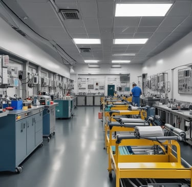 A well-organized workshop with various medical devices ready for service.