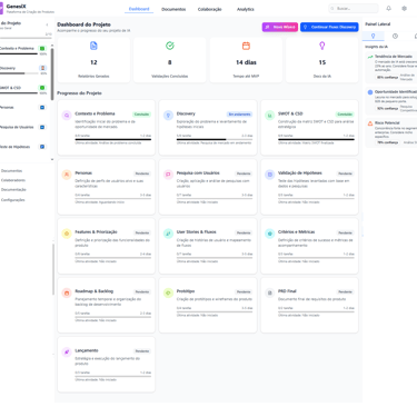 Dashboard da plataforma criadora de produtos digitais com multiagentes de IA genesix