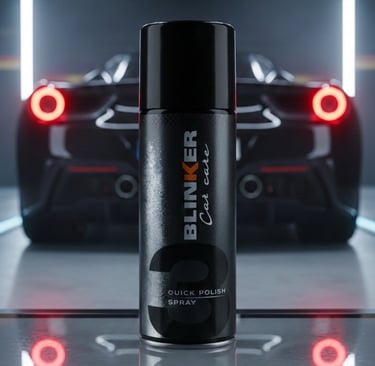 Blinker Car Care quick polish spray can in front of a luxury sports car in a modern garage.