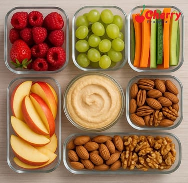 Mesa con envases llenos de frutas, frutos secos y hummus.