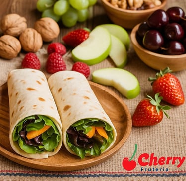 Mantel con wraps, frutas y nueces.