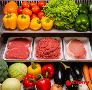 Carnes y vegetales en refrigerador.