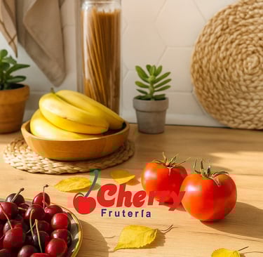 – Cocina ordenada con frutas y plantas visibles.