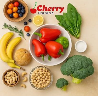 Mesa con productos frescos listos para cocinar.