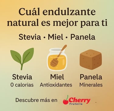 Comparativa visual de stevia, miel y panela