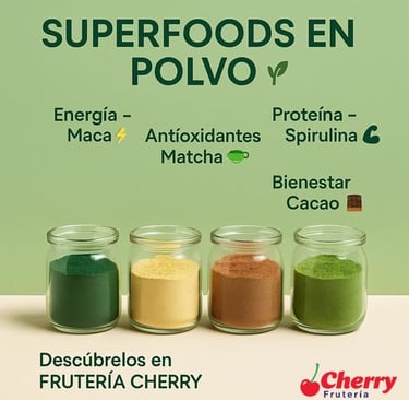 Polvos de spirulina, maca, cacao y matcha