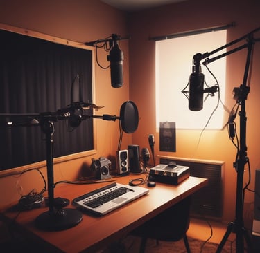 A modern podcast studio with professional microphone setups on a table surrounded by green and black office chairs. The room has acoustic foam on the walls for soundproofing and large square ceiling lights. The walls are predominantly adorned with decorative panels and some branding elements.