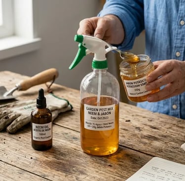 Ingredientes para preparar insecticida casero: Aceite de Neem, Jabón Potásico y pulverizador