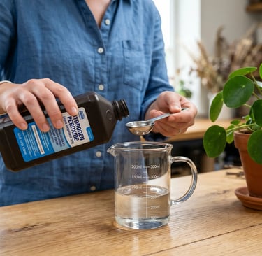 Preparación de mezcla de agua oxigenada y agua normal para regar plantas de interior.