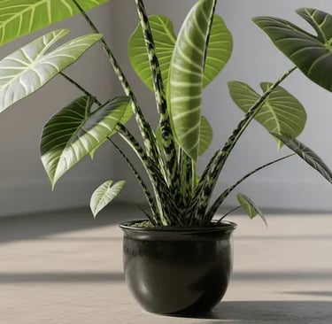 Una planta Alocasia con sus grandes hojas en forma de flecha y tallos distintivos, en una maceta 