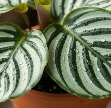hojas de una Calathea orbifolia, mostrando sus patrones de rayas plateadas y verdes.