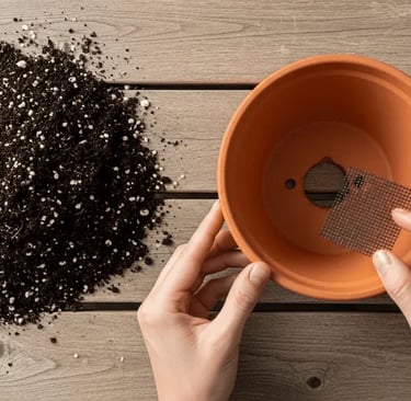 Manos preparando maceta de terracota para plantar, colocando una malla sobre el agujero de drenaje