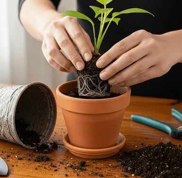 Trasplante de planta a una maceta de terracota mayor