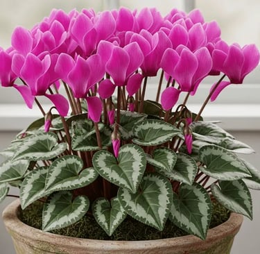 Un Ciclamen en maceta con flores rosas y hojas en forma de corazón, situado en una ventana luminosa.