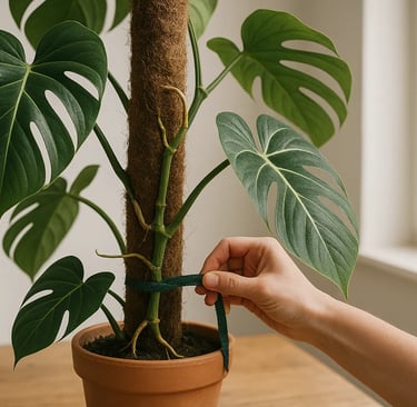 Monstera Deliciosa entutorada con palo de musgo y atada con velcro de jardín.