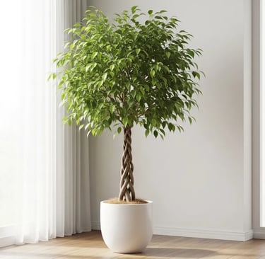 Ficus Benjamina o Ficus Llorón en maceta decorativa en un salón luminoso.