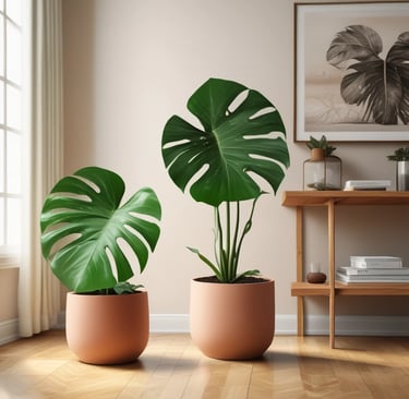 Una gran planta Monstera Deliciosa (Costilla de Adán) en una maceta de terracota,