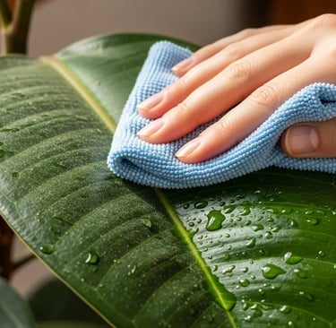Limpiando el polvo de una hoja grande de planta con un paño húmedo.