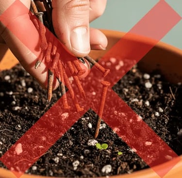 Imagen conceptual de un mito de jardinería, con una acción incorrecta tachada con una cruz roja.